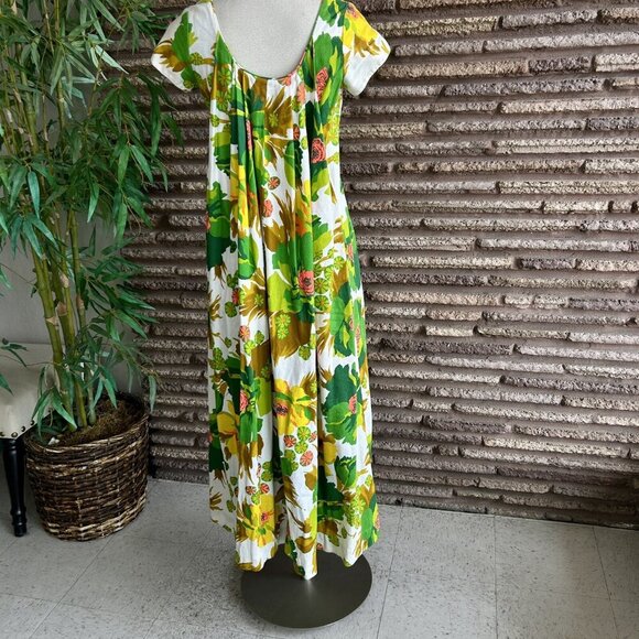 Alice Polynesian Fashions 60s Green Floral Tiki Barkcloth Maxi Dress Size Small - Picture 5 of 10